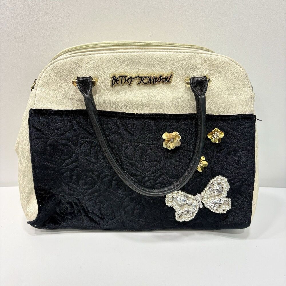 Betsey Johnson Ivory and Black Quilted Tote 3 Sections Butterfly Beaded Bag Y2K